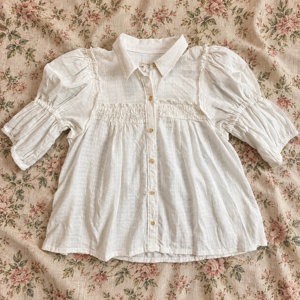Anthropologie Pilcro Everlyn Puff-Sleeve Swing Blouse 100% Cotton Cottage Sz L